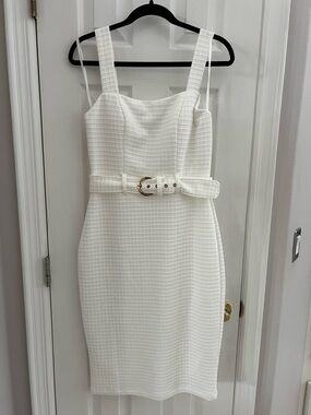 Premier White Textured Midi Dress with Belt